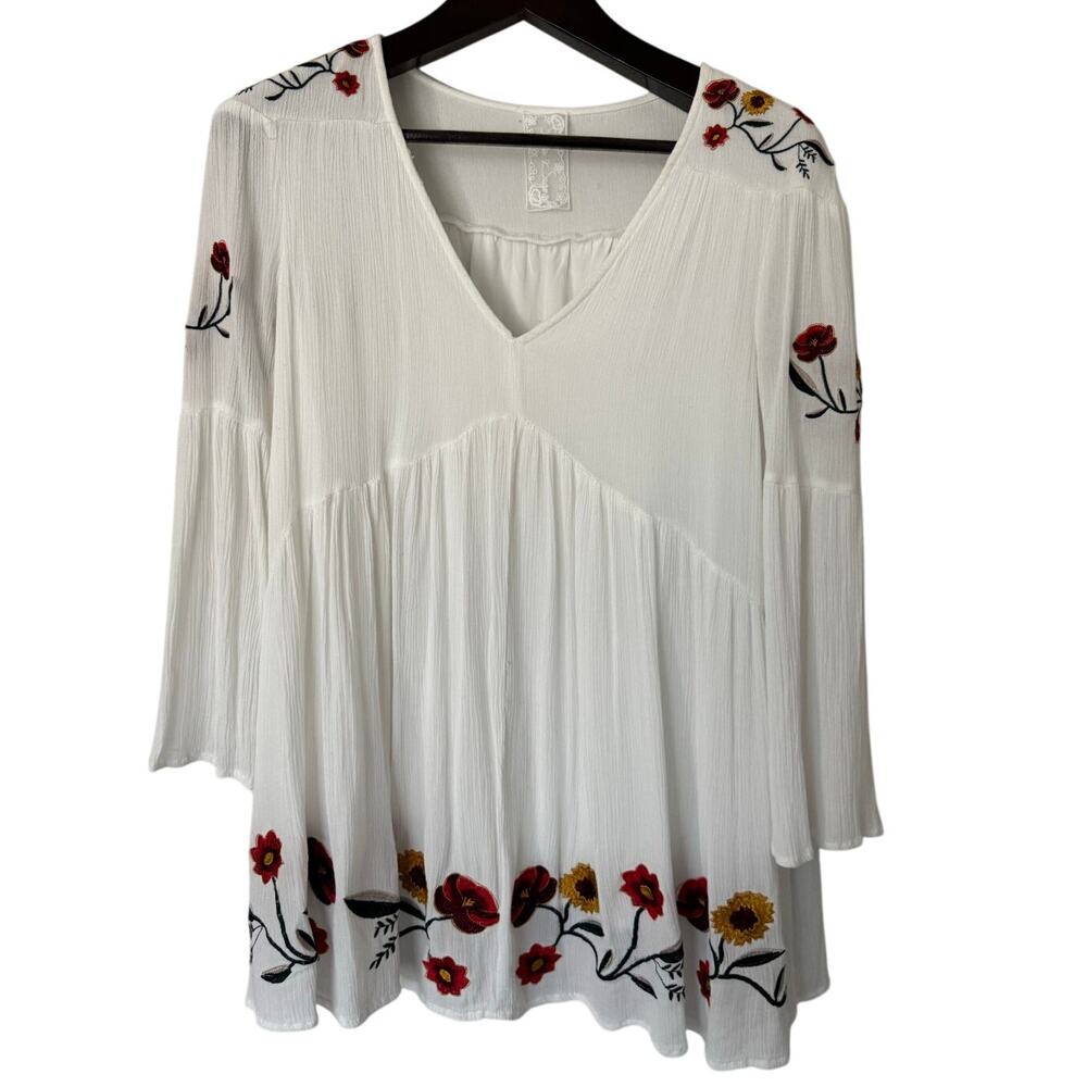 Sadie & Sage White‎ Floral Embroidered Bell Sleeve Gauze Tunic Mini Dress Small
